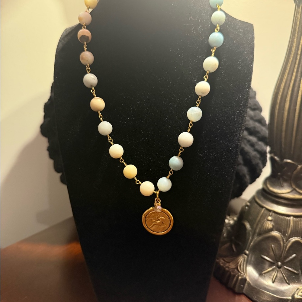 Gold Pendant Necklace with Pastel Beads